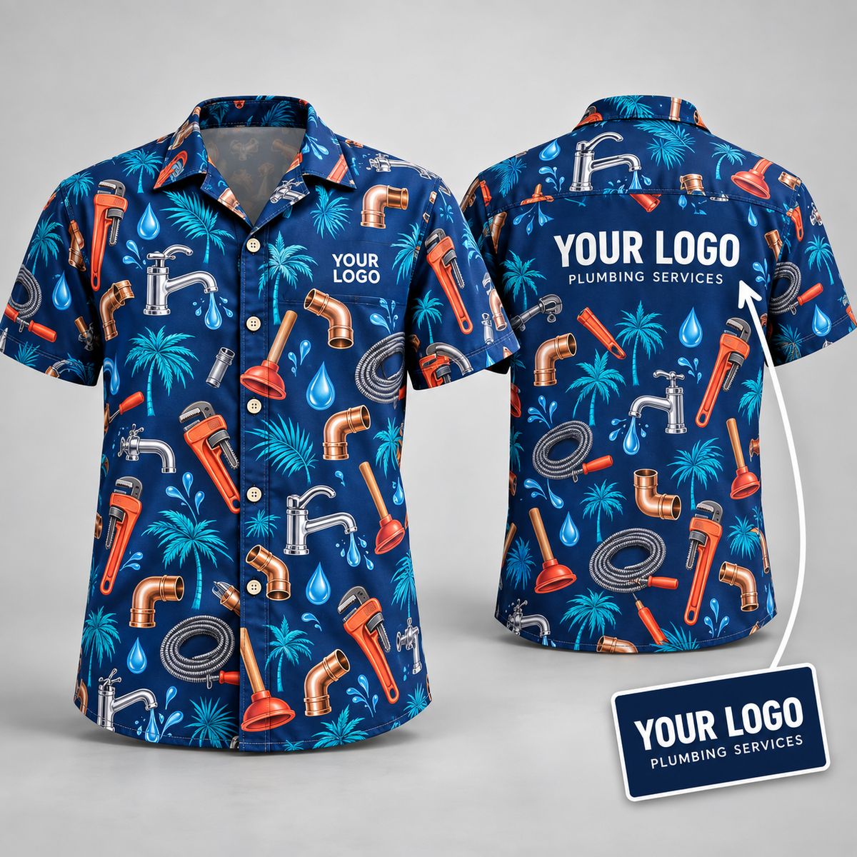 Custom Logo Hawaiian Shirt – Plumbing Tools & Tropical Pattern on Navy Blue