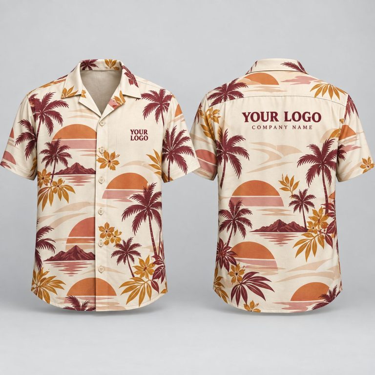 Sunset Palm Hawaiian Shirt With Logo – Custom Logo Hawaiian Shirt in Warm Tropical Print