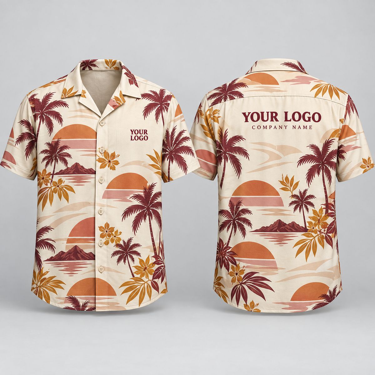 Sunset Palm Hawaiian Shirt With Logo – Custom Logo Hawaiian Shirt in Warm Tropical Print