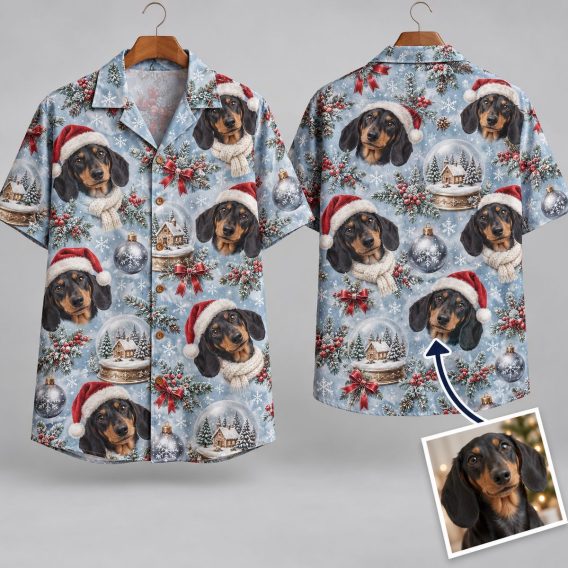 Dachshund Santa Hat Men's Hawaiian Christmas Shirt – Holiday Wiener Dog Aloha Button-Up