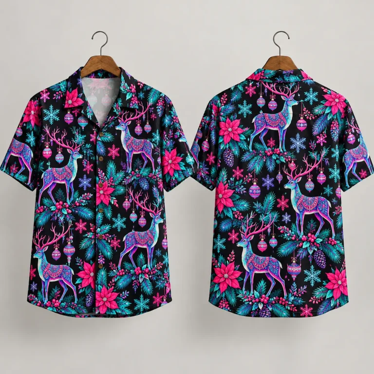 Deer Christmas Aloha Shirts with Pink Poinsettias