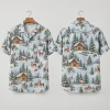 Deer Christmas Hawaiian Shirt with Snowy Cabins