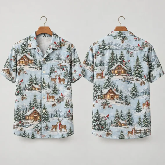 Deer Christmas Hawaiian Shirt with Snowy Cabins
