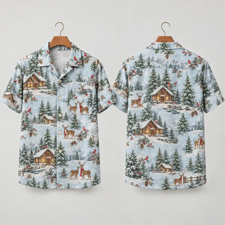 Deer Christmas Hawaiian Shirt with Snowy Cabins