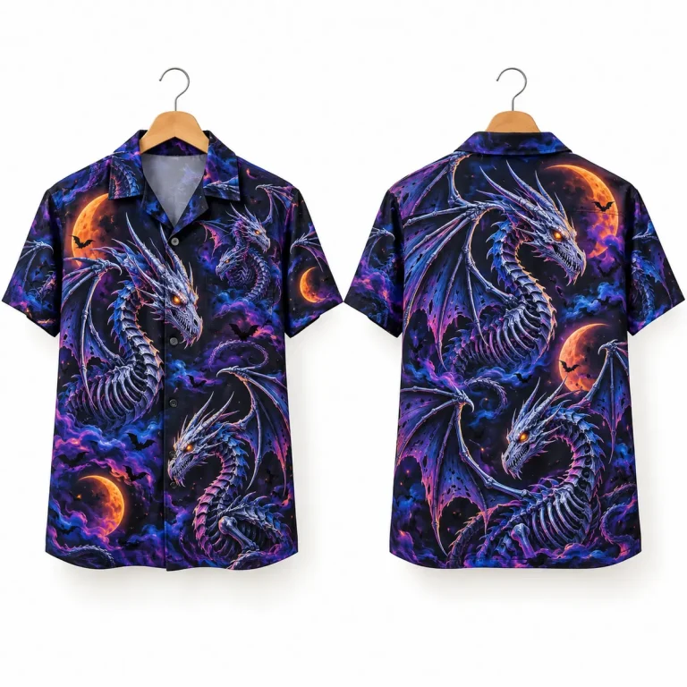 Dragon Halloween Hawaiian Shirt with Bats and Orange Moons