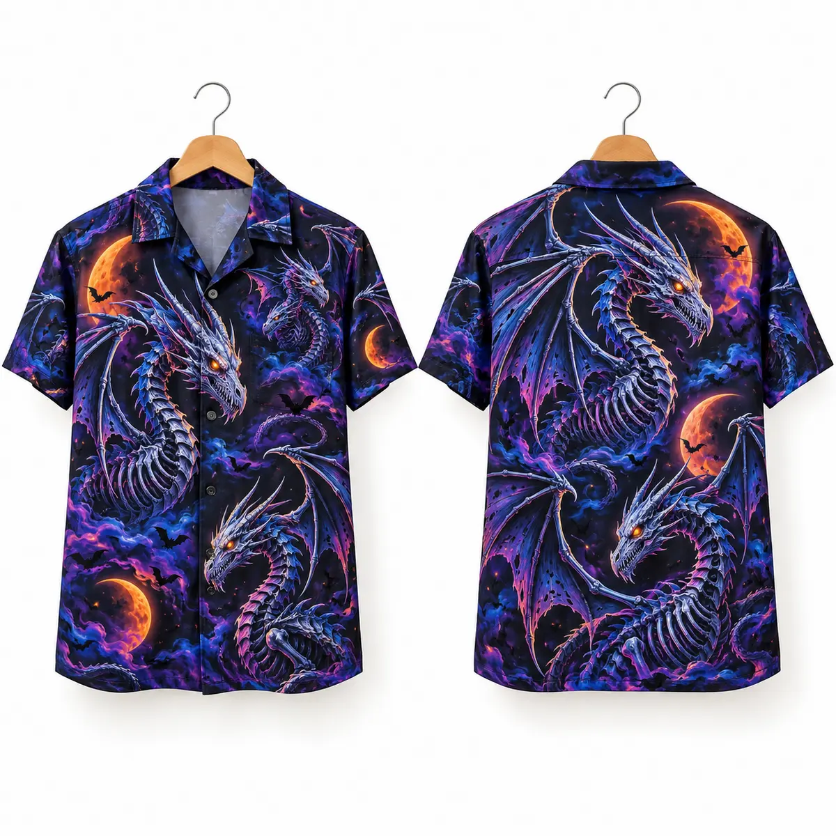 Dragon Halloween Hawaiian Shirt with Bats and Orange Moons