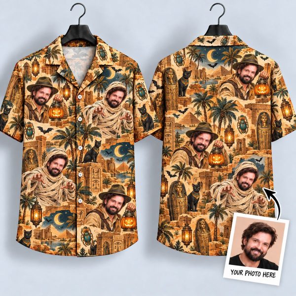 Egyptian Mummy Explorer Halloween Hawaiian Shirt – Pyramids, Black Cats & Jack-o'-Lantern Lanterns