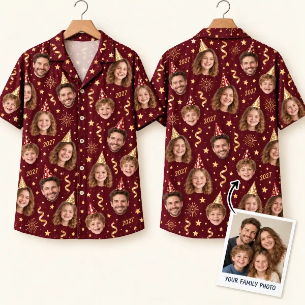 Face-Print Family New Years Shirt – Burgundy 2027