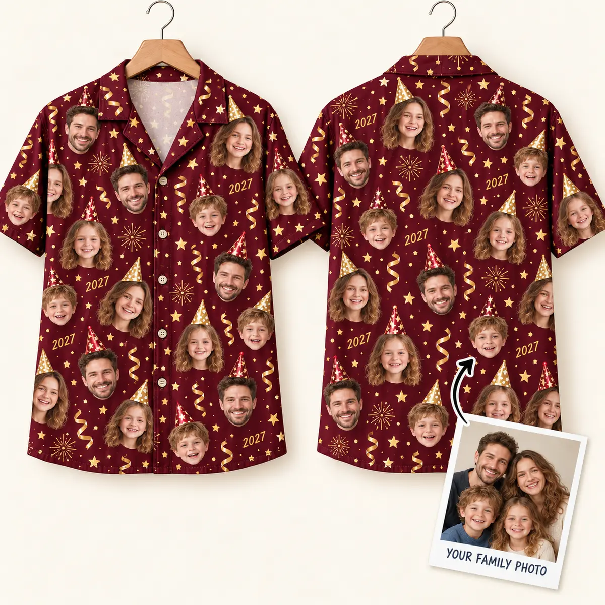 Face-Print Family New Years Shirt – Burgundy 2027