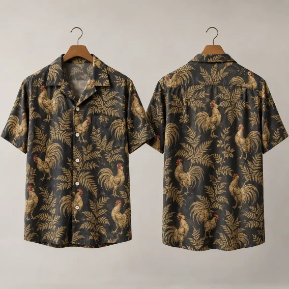 Fern Rooster Hawaiian Shirt – Charcoal Button-Up