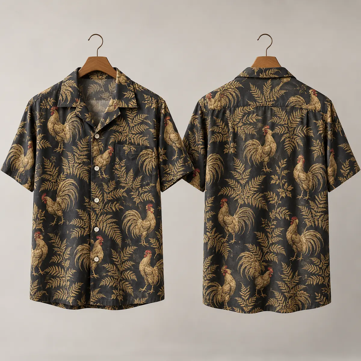 Fern Rooster Hawaiian Shirt – Charcoal Button-Up