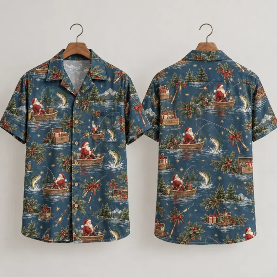 Fishing Santa Christmas Hawaiian Shirt – Blue Holiday Aloha