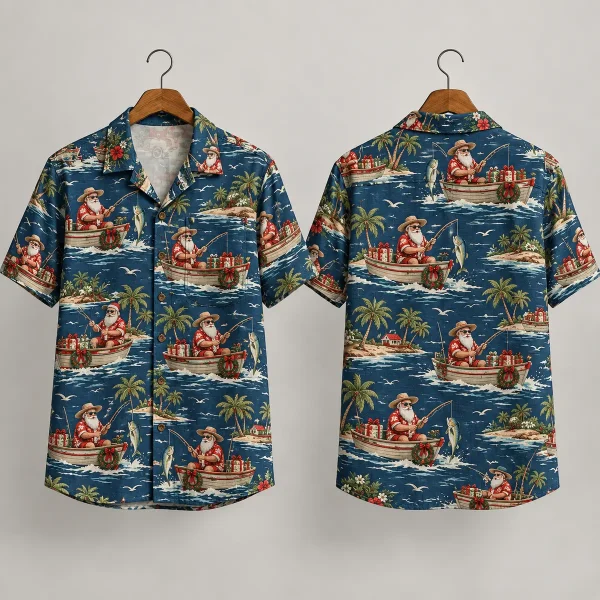 Fishing Santa Hawaiian Shirt with Tropical Christmas Scenes