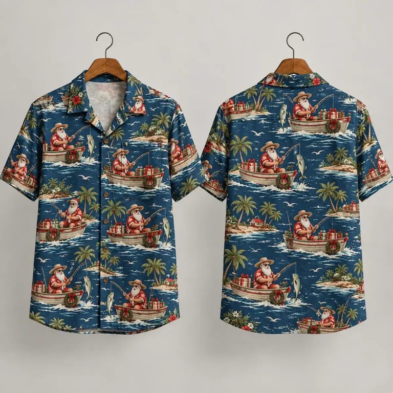 Fishing Santa Hawaiian Shirt with Tropical Christmas Scenes