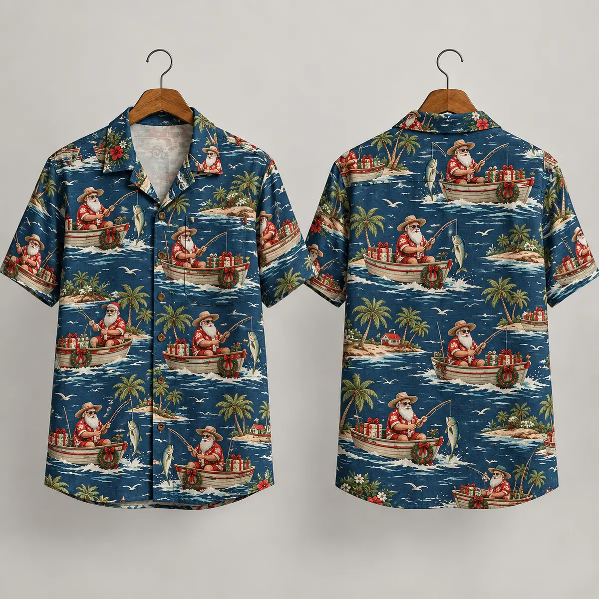 Fishing Santa Hawaiian Shirt with Tropical Christmas Scenes