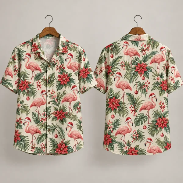 Flamingo Christmas Tiki Shirt – Santa Hats & Poinsettias