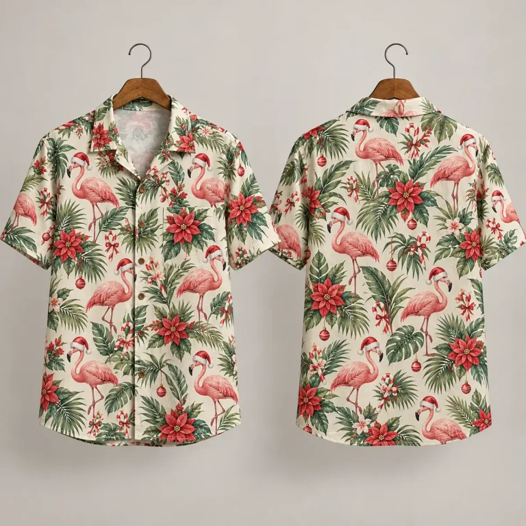 Flamingo Christmas Tiki Shirt – Santa Hats & Poinsettias