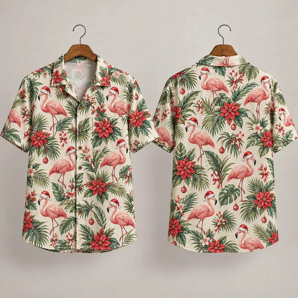 Flamingo Christmas Tiki Shirt – Santa Hats & Poinsettias