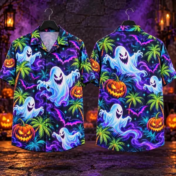 ghost halloween hawaiian shirt with Neon Pumpkins