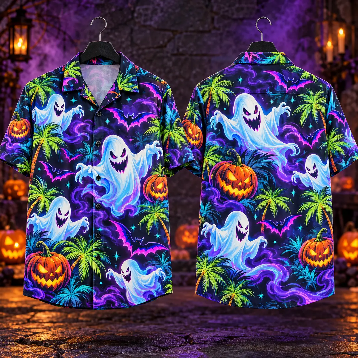 ghost halloween hawaiian shirt with Neon Pumpkins