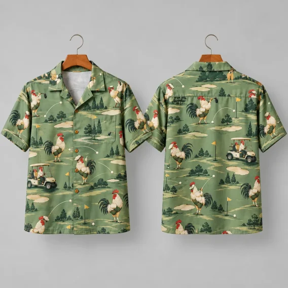 Golf Rooster Hawaiian Shirt with Golf Cart Print