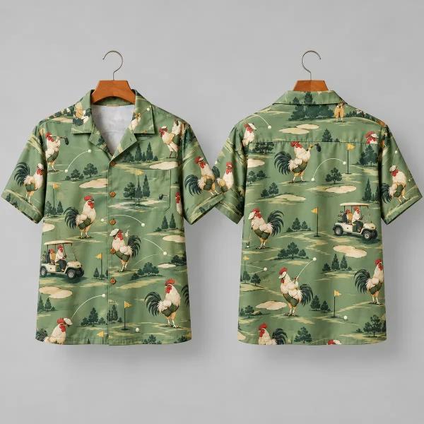 Golf Rooster Hawaiian Shirt with Golf Cart Print