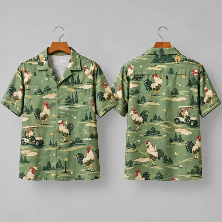 Golf Rooster Hawaiian Shirt with Golf Cart Print