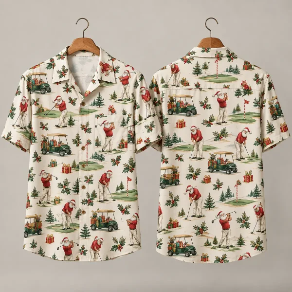 Golfing Santa Christmas Hawaiian Shirt in Cream