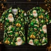 Green Santa Aloha Shirt with Gold Christmas Motifs