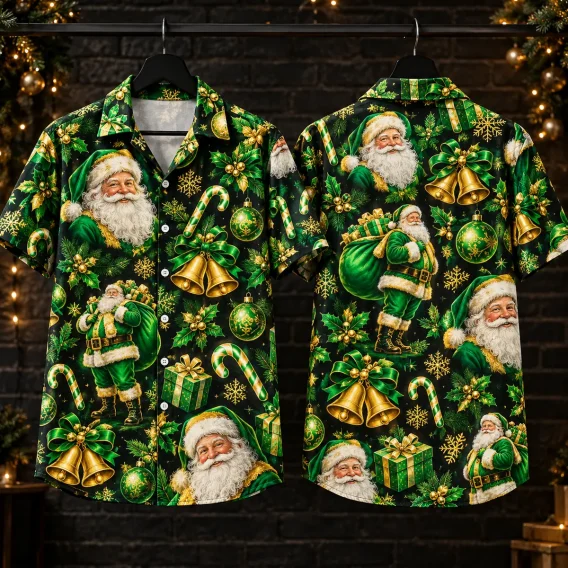 Green Santa Aloha Shirt with Gold Christmas Motifs