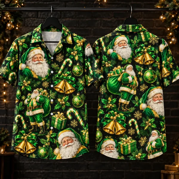 Green Santa Aloha Shirt with Gold Christmas Motifs