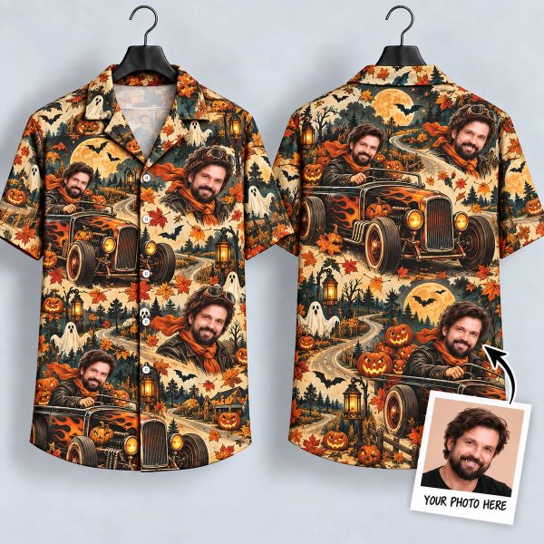 Halloween Hawaiian Shirt – Bearded Hot Rod Driver with Pumpkins, Ghosts & Bats