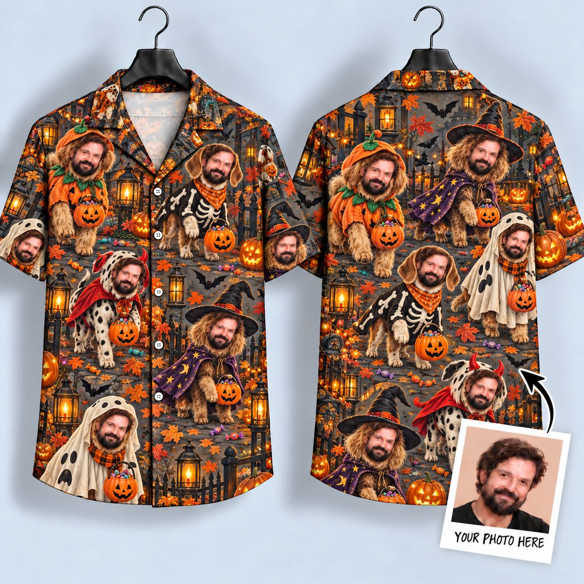 Halloween Hawaiian Shirt – Bearded Dogs in Trick-or-Treat Costumes All-Over Print