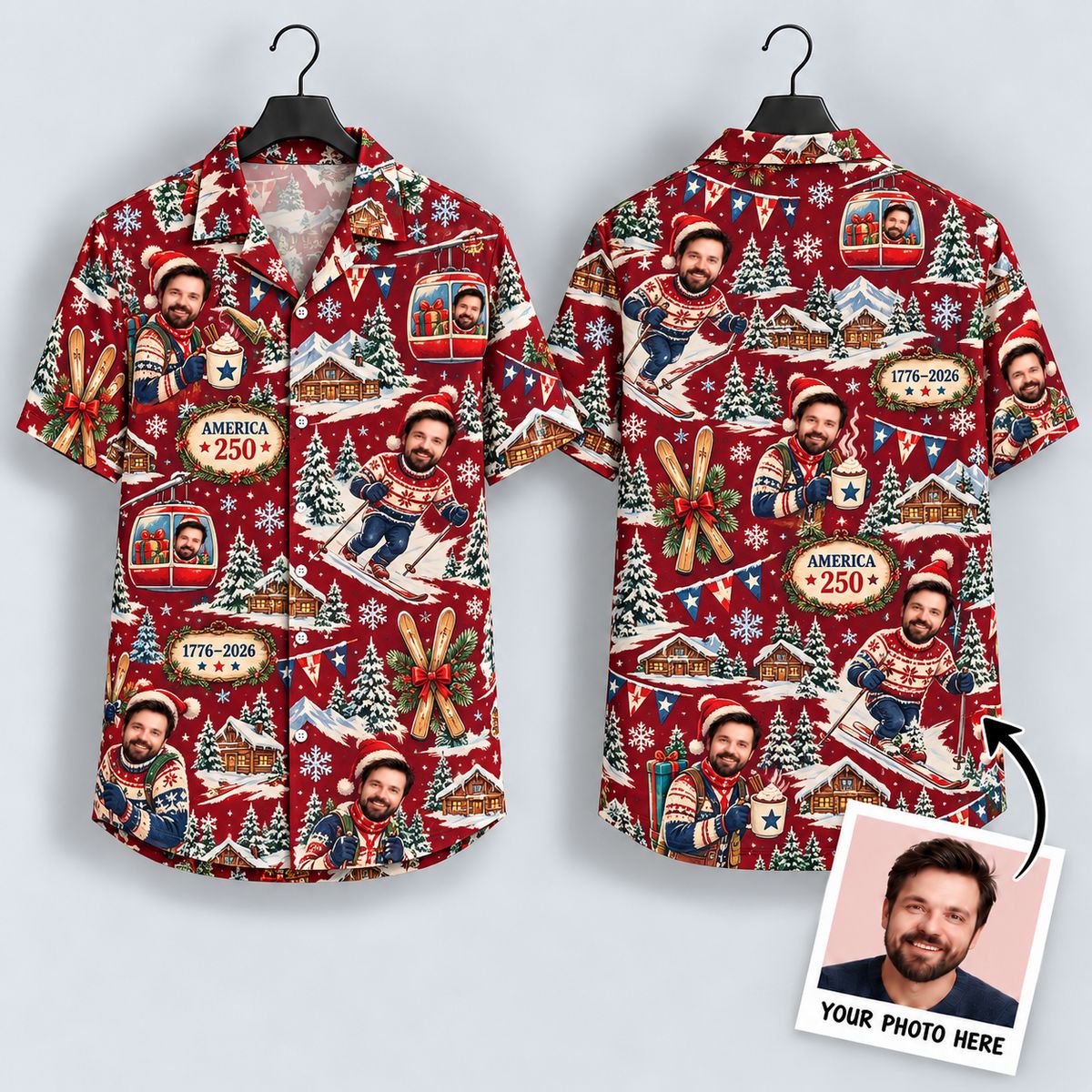 America 250 Skiing Santa Hawaiian Shirt – Winter Holiday Patriotic All-Over Print
