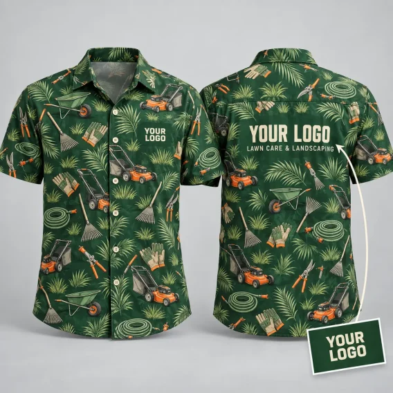 Lawn Mower Logo Hawaiian Shirt for Lawn Care & Landscaping Teams