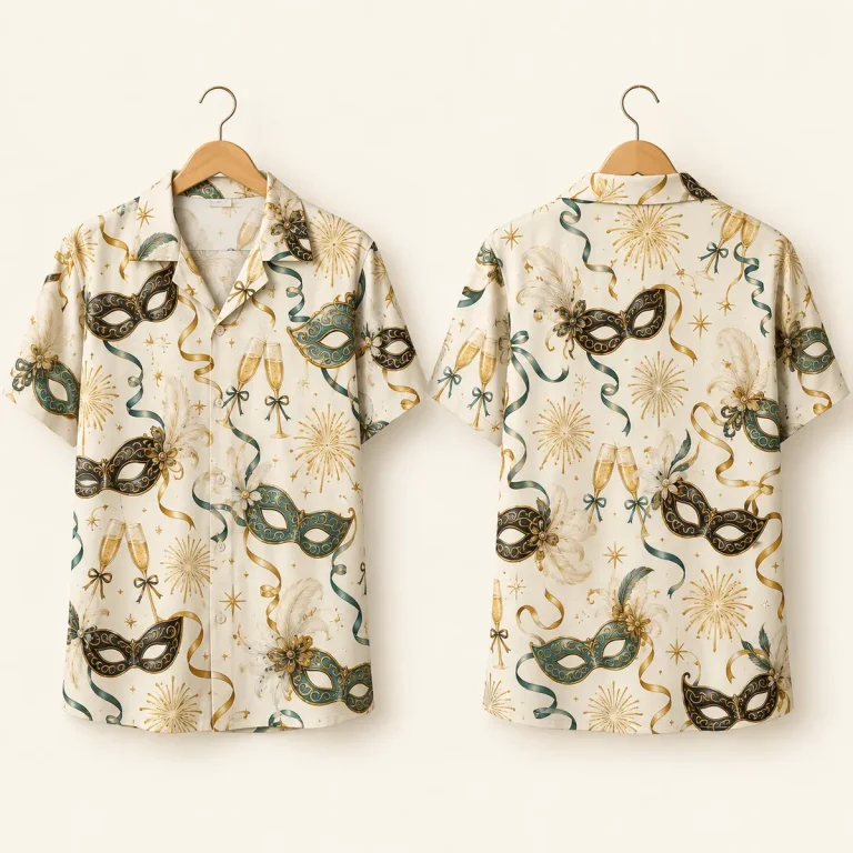 Masquerade NYE Shirts – Ivory Feather Mask Button-Up
