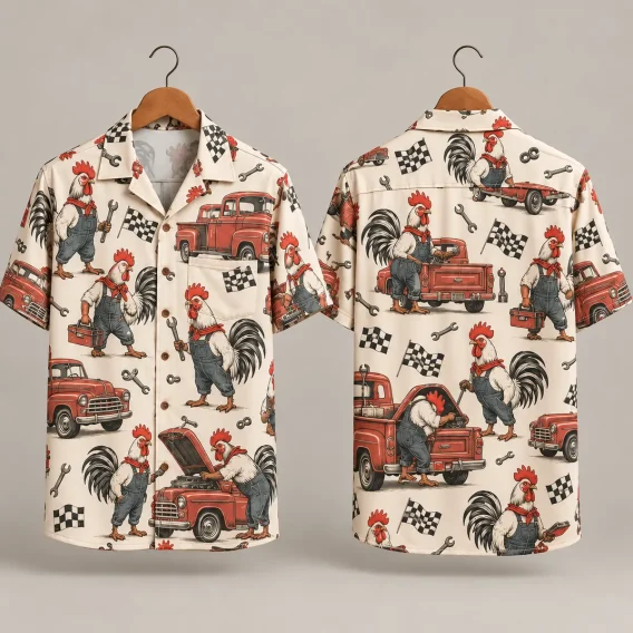 Mechanic Rooster Hawaiian Shirt with Red Pickup Trucks