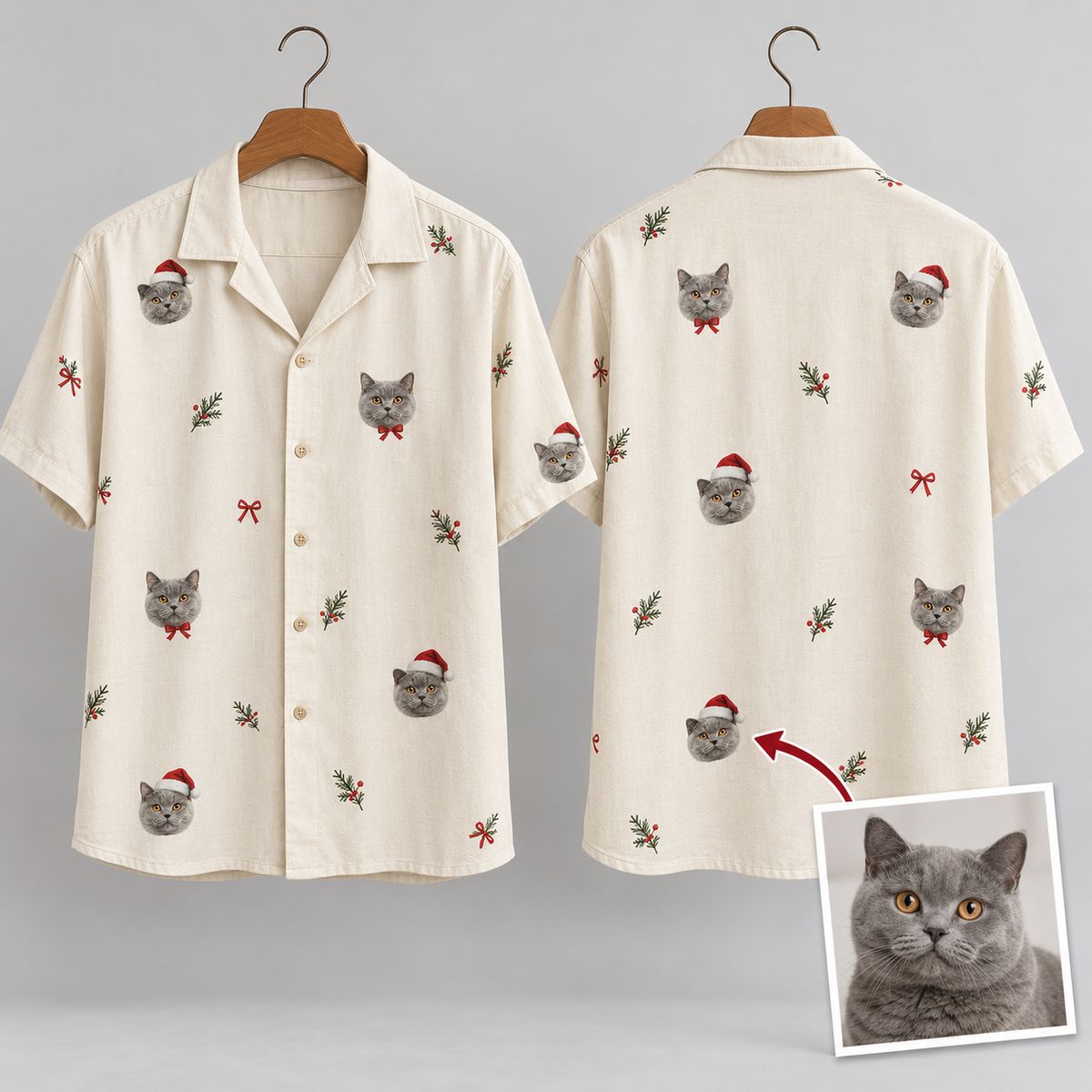 Men's Christmas Hawaiian Shirt – Gray Cats in Santa Hats & Holly Print
