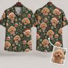Men's Christmas Hawaiian Shirt with Dog Faces, Santa Hats & Holiday Cottages on Dark Green
