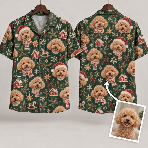 Men's Christmas Hawaiian Shirt with Dog Faces, Santa Hats & Holiday Cottages on Dark Green
