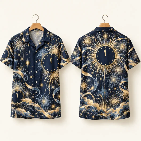Midnight Clock NYE Shirts - Navy Fireworks Button-Up