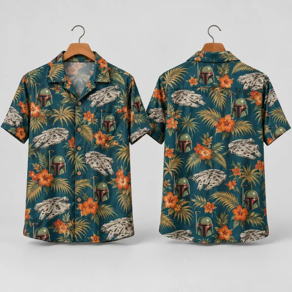 Millennium Falcon & Boba Fett Hawaiian Shirt Teal Tropical