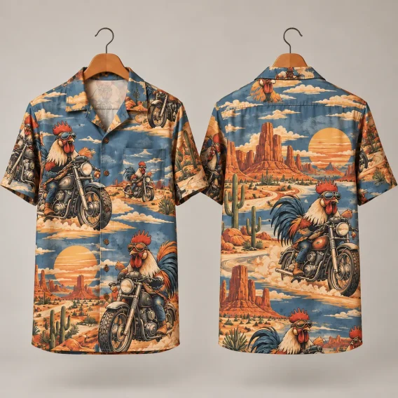 Motorcycle Rooster Hawaiian Shirt with Desert Sunset