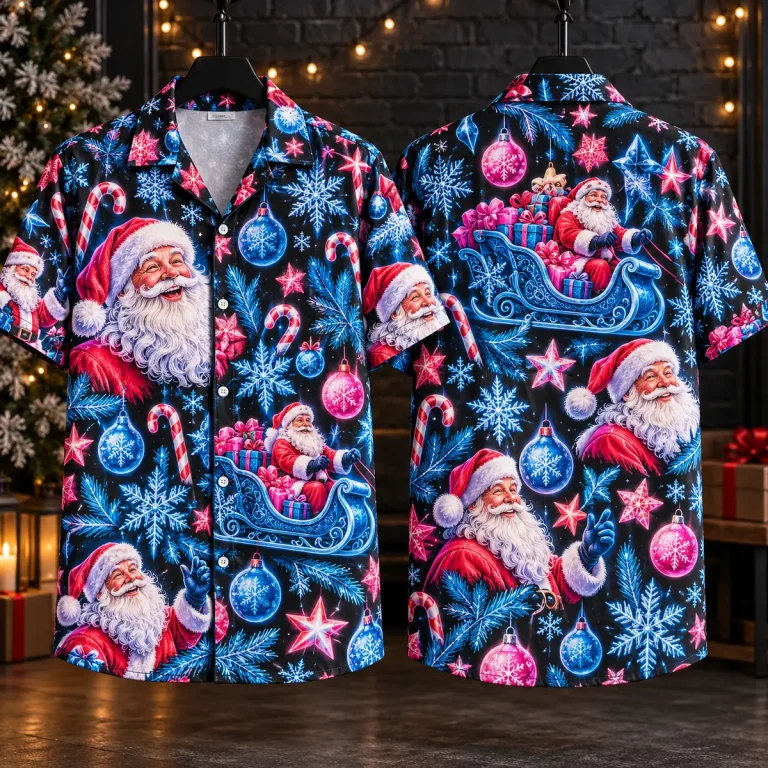 Neon Santa Claus Hawaiian Shirt with Snowflakes