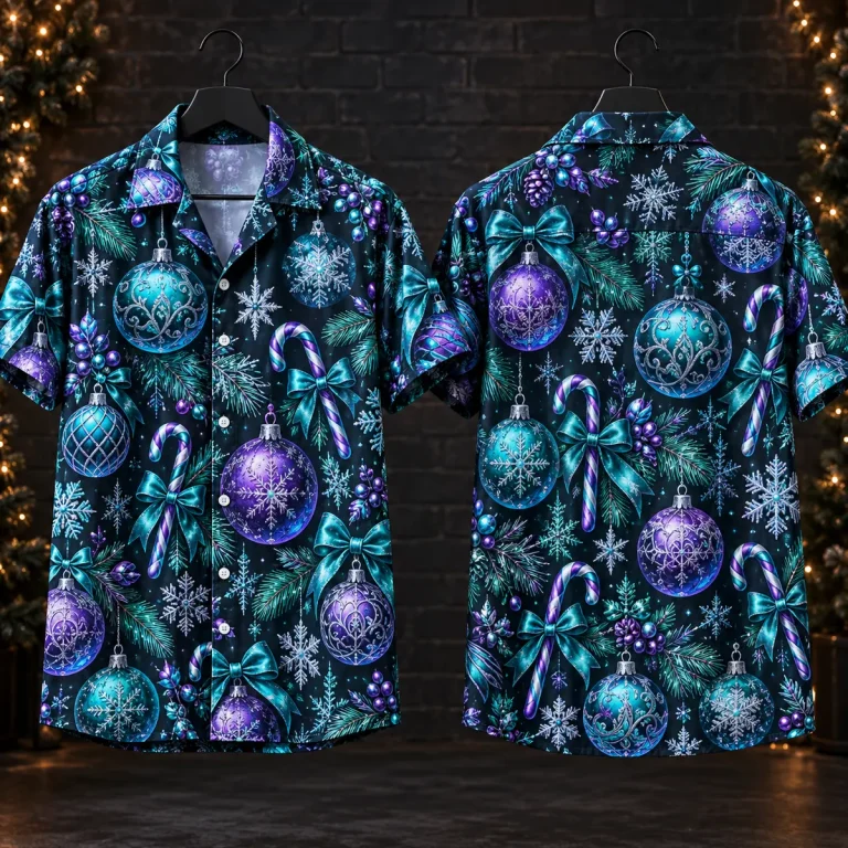 Ornament Ladies Christmas Hawaiian Shirt – Teal & Purple