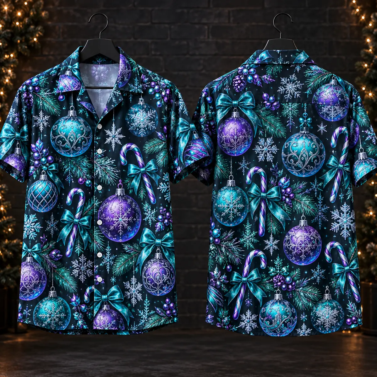 Ornament Ladies Christmas Hawaiian Shirt – Teal & Purple