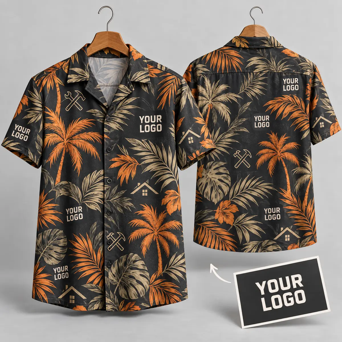 Palm Leaf Logo Hawaiian Shirt – Black Tropical Workwear