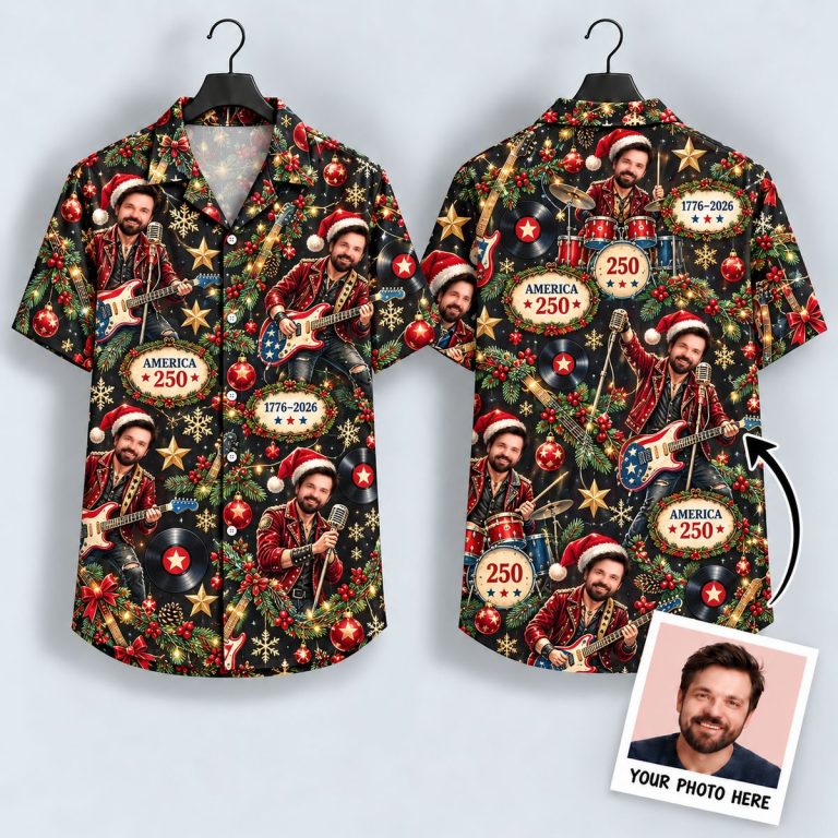 America 250 Hawaiian Shirt – Patriotic Christmas Santa Guitarist All-Over Print