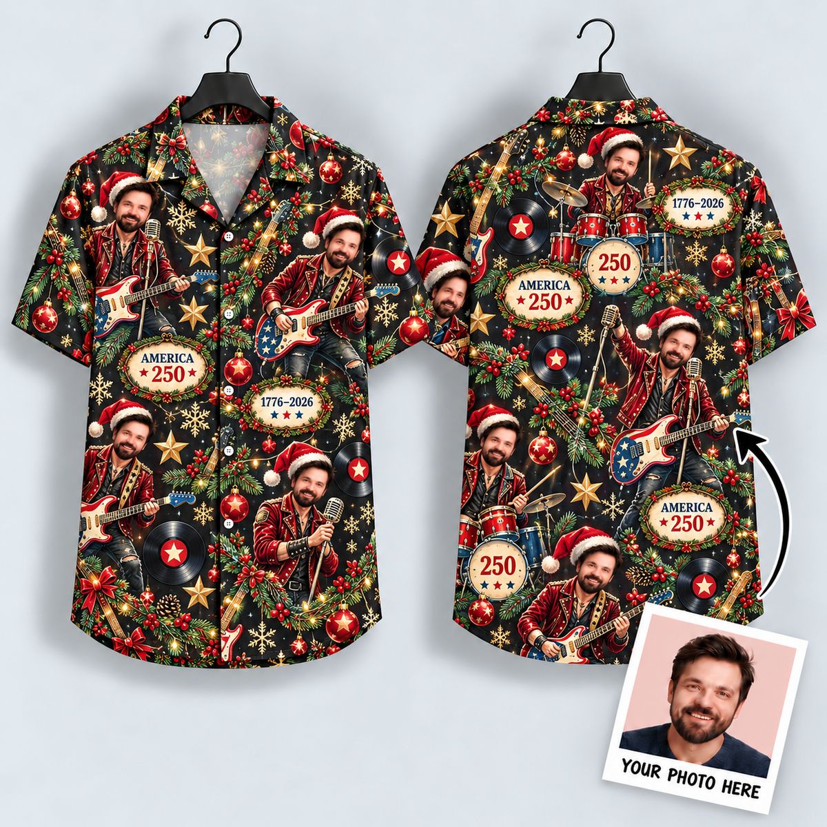 America 250 Hawaiian Shirt – Patriotic Christmas Santa Guitarist All-Over Print