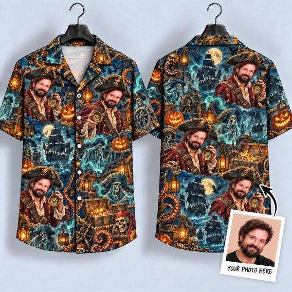 Pirate Captain Halloween Hawaiian Shirt – Ghostly Skulls, Pumpkins & Ship Design